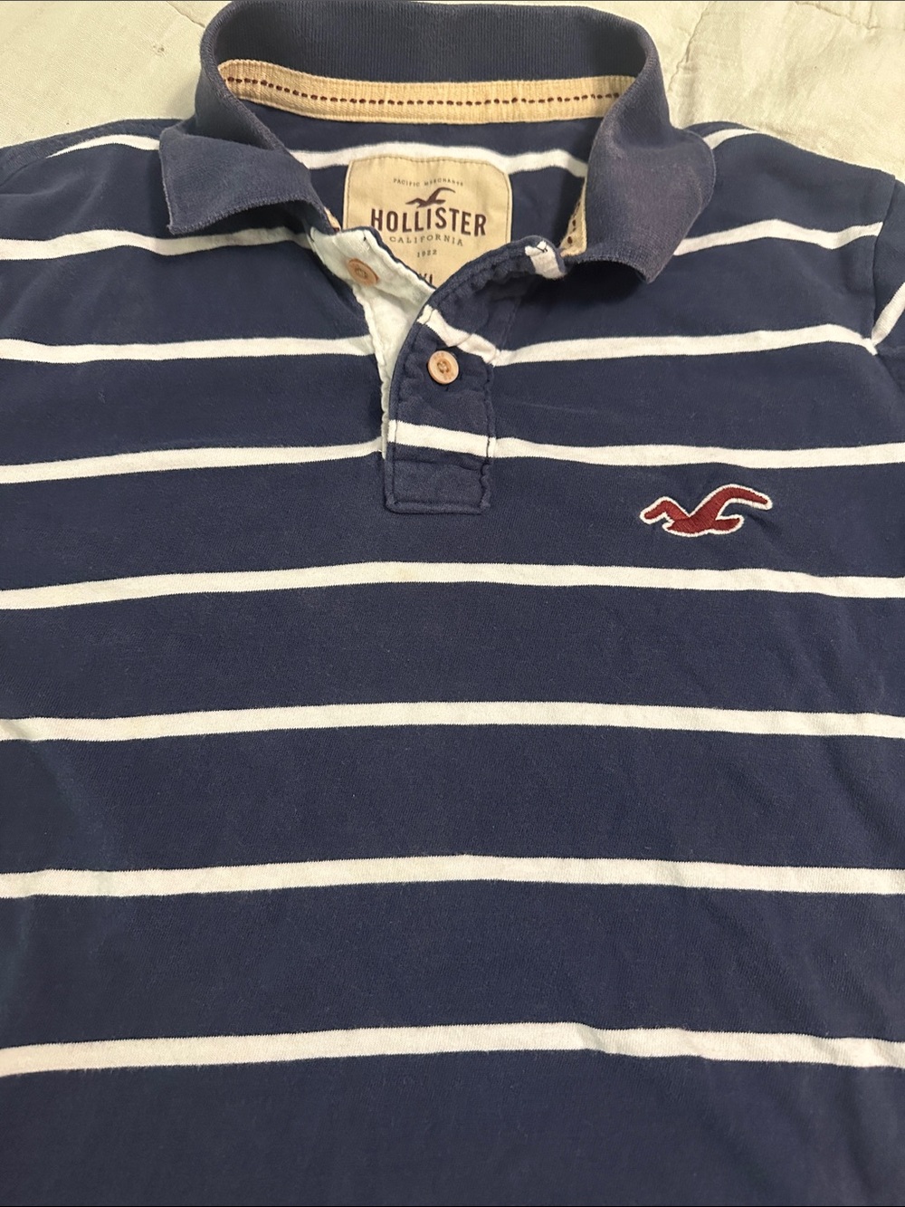 Men’s XL Hollister Navy & White Striped Polo with Red Logo classic